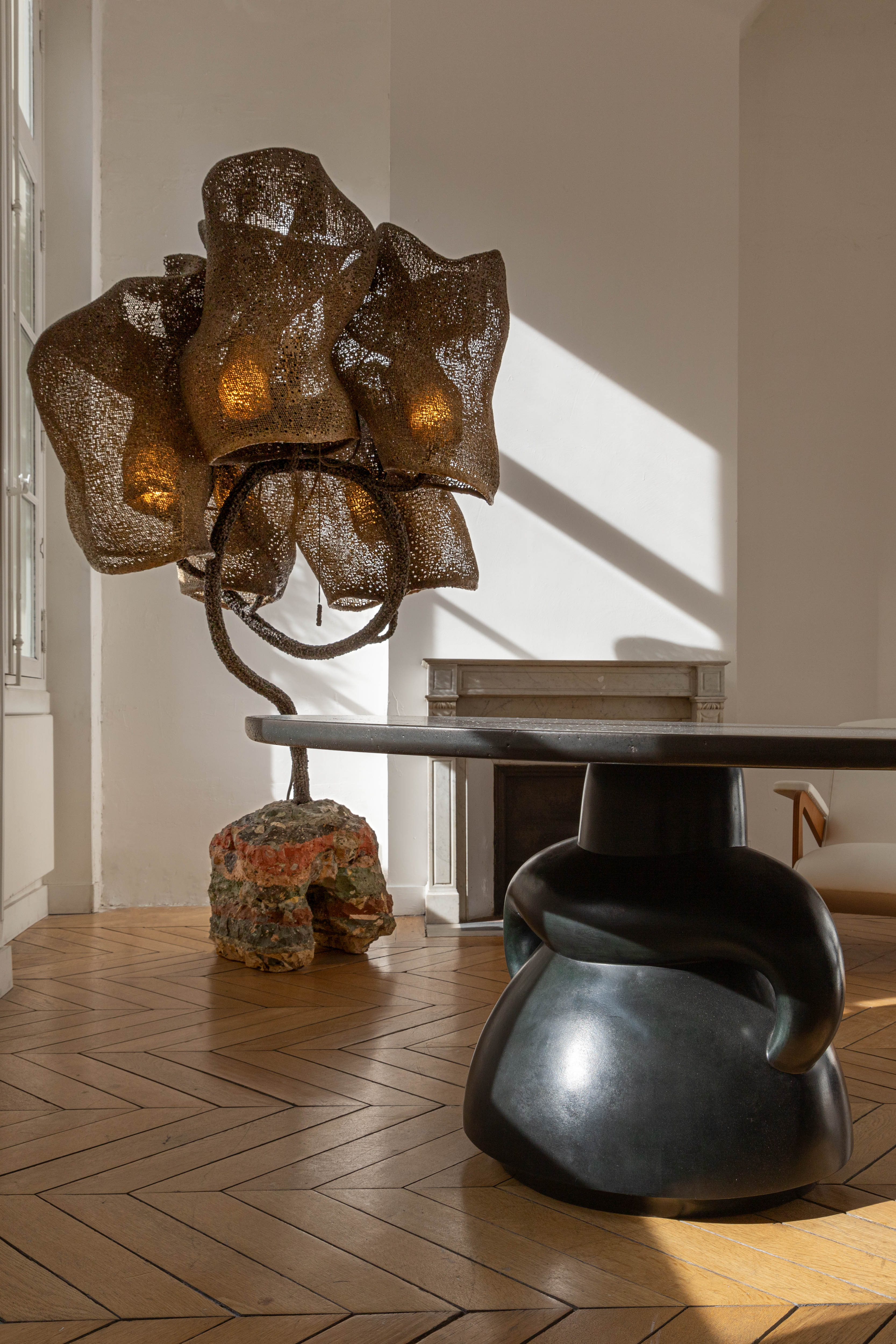 Carpenter Workshop Gallery Paris exhibition, table and Nacho Carbonell lamp.